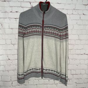 Vintage Eddie Bauer Sweater‎ Women Small Full Zip Gray Fair Isle Snowflakes Y2K